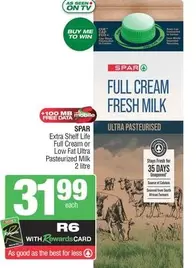 Spar - Full Cream or Low Fat Ultra Pasteurized Milk