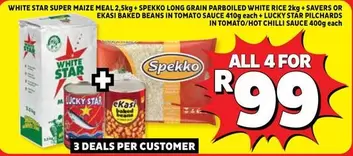 Lucky Star - SUPER MAIZE MEAL, LONG GRAIN PARBOILED WHITE RICE, BAKED BEANS IN TOMATO SAUCE, STAR PILCHARDS