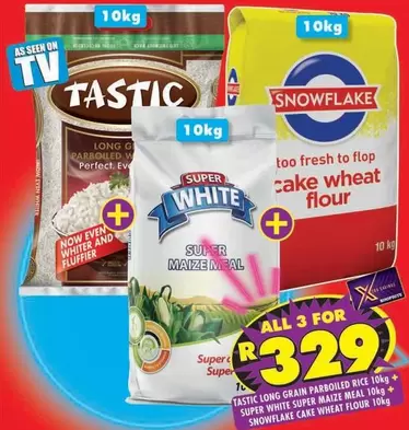 Tastic - LONG GRAIN PARBOILED RICE 10kg, SUPER MAIZE MEAL 10kg, CAKE WHEAT FLOUR 10kg