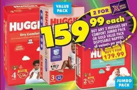 Huggies - Dry Comfort Jumbo Pack or Gold Value Pack Disposable Nappies