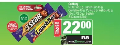 Cadbury - 5 Star, Lunch Bar, Crunchie, PS, Astros