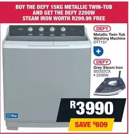 Defy - 15KG Metallic Twin-Tub Washing Machine DTT151 + Grey Steam Iron SI2322CX