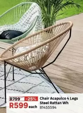 Chair Acapulco 4 Legs Steel Rattan Wh