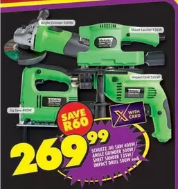 JIG SAW 400W, ANGLE GRINDER 500W, SHEET SANDER 135W, IMPACT DRILL 500W