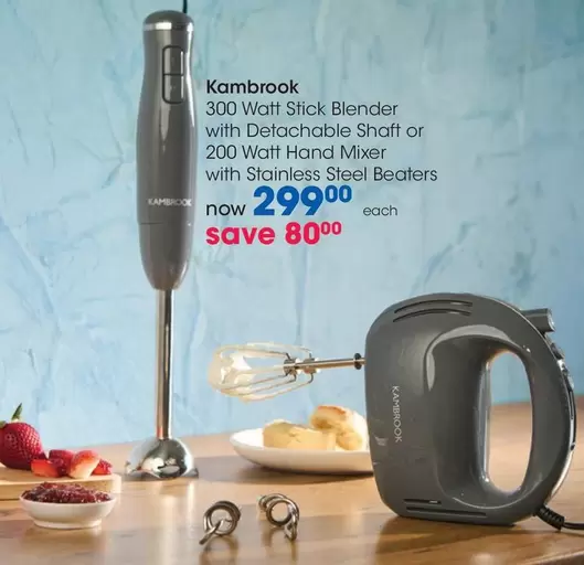 Kambrook - 300 Watt Stick Blender with Detachable Shaft or 200 Watt Hand Mixer with Stainless Steel Beaters