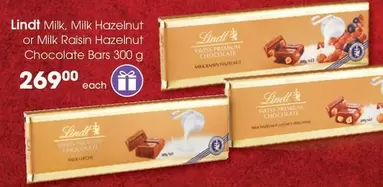 Lindt - Milk, Milk Hazelnut or Milk Raisin Hazelnut Chocolate Bars 300 g