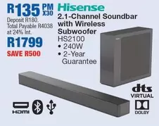 Hisense - 2.1-Channel Soundbar with Wireless Subwoofer HS2100