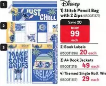 Disney - Stitch Pencil Bag with 2 Zips, Book Labels, A4 Book Jackets, Themed Single Roll Wra
