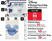 Disney - Mickey Pencil Bag with 2 Zips, Book Labels, A4 Book Jackets, Themed Single Roll Wrap