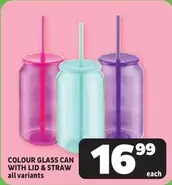 COLOUR GLASS CAN WITH LID & STRAW