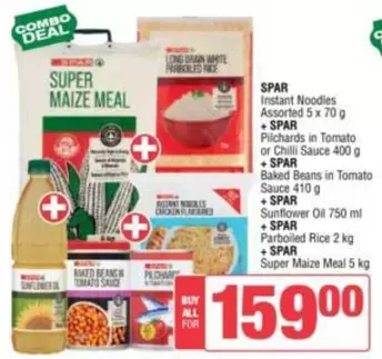 Spar - Instant Noodies, Pilchards in Tomato or Chilli Sauce, Baked Beans in Tomato Sauce, Sunflower Oil, Parboiled Rice, Super Maize Meal