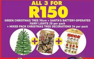 GREEN CHRISTMAS TREE 90cm + SANTA'S BATTERY-OPERATED FAIRY LIGHTS + MIXED PACK CHRISTMAS TREE DECORATIONS