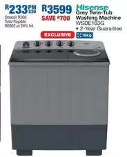 Hisense - Grey Twin-Tub Washing Machine WSDE163G