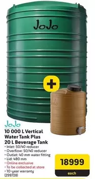 10 000 L Vertical Water Tank Plus 20 L Beverage Tank