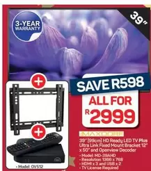 Ultra - HD Ready LED TV Plus Link Fixed Mount Bracket 12" x 50° and Openview Decoder