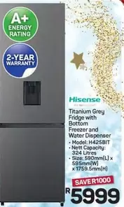 Hisense - Titanium Grey Fridge with Bottom Freezer and Water Dispenser