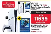 PS5 Disc 1TB PLUS Fortnite Voucher Bundle, PS5 Digital 825 GB PLUS Fortnite Voucher Bundle
