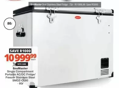 Snomaster - Single Compartment Portable AC/DC Fridge/ Freezer Stainless Steel SMDZ-CL80