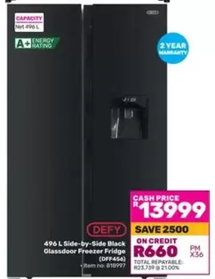 Defy - 496 L Side-by-Side Black Glassdoor Freezer Fridge (DFF456)