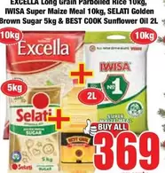 Excella - Long Grain Parboiled Rice 10kg, Super Maize Meal 10kg, Golden Brown Sugar 5kg & Sunflower Oil 2L