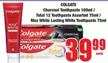 Colgate - Charcoal Toothpaste / Total 12 Toothpaste Assorted / Max White Lasting White Toothpaste