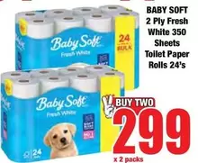 Baby Soft - 2 Ply Fresh White 350 Sheets Toilet Paper Rolls 24's