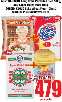 Ace - Long Grain Parboiled Rice 10kg, Super Maize Meal 10kg, Cake Wheat Flour 10kg & Pure Sunflower Oil 5L