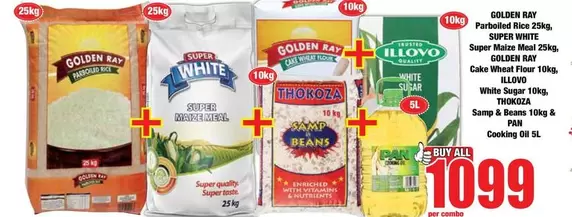 Golden Ray - Parboiled Rice 25kg, Super Maize Meal 25kg, Cake Wheat Flour 10kg, White Sugar 10kg, Samp & Beans 10kg & Cooking Oil 5L