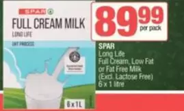 Spar - Full Cream, Low Fat or Fat Free Milk