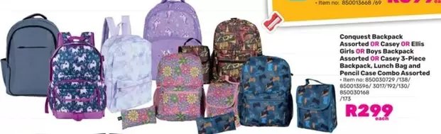 Conquest Backpack Assorted OR Casey OR Ellis Girls OR Boys Backpack Assorted OR Casey 3-Piece Backpack, Lunch Bag and Pencil Case Combo Assorted