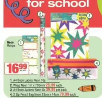 Neon - A4 Book Labels  16s, Wrap  1m x 700mm, A4 Book Jackets  5s, 2 Zip Pencil Bag  33cm x 14cm