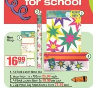 Neon - A4 Book Labels , Wrap  1m x 700mm, A4 Book Jackets , 2 Zip Pencil Bag