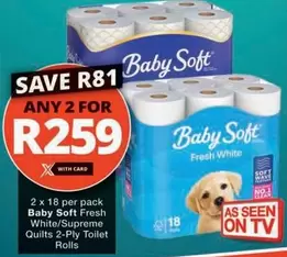 Baby Soft - Fresh White/Supreme Quilts 2-Ply Toilet Rolls