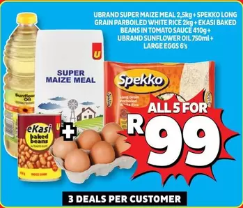 Spekko - Super Maize Meal, Long Grain Parboiled White Rice, Baked Beans in Tomato Sauce, Sunflower Oil, Large Eggs