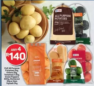 All Purpose Potatoes, Onions, Tomatoes, Green Peppers, Butternut or Gem Squash