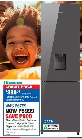 Hisense - Black Glass-Finish Bottom-Freezer Fridge with Water Dispenser