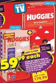 Huggies - Dry Comfort Jumbo Pack Disposable Nappies BA/74/14/54/32/ Pants 80/44/48/52/Gold Value Pack Disposable Nappies