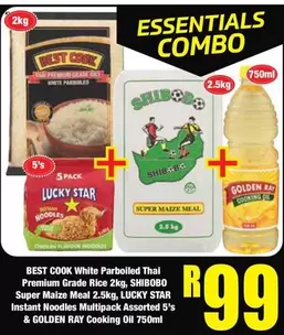 Essentials - White Parboiled Thai Premium Grade Rice 2kg, Super Maize Meal 2.5kg, Instant Noodles Multipack Assorted 5's & Cooking Oil 750ml