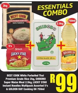 Essentials - White Parboiled Thai Premium Grade Rice 2kg, Super Maize Meal 2.5kg, Instant Noodles Multipack Assorted 5's & Cooking Oil 750ml