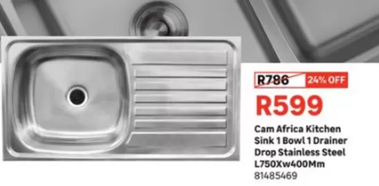 Kitchen Sink 1 Bowl 1 Drainer Drop Stainless Steel L750Xw400Mm