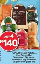 All Purpose Potatoes 2kg, Onions 2kg, Tomatoes 1.5kg, Green Peppers 800g, Butternut 3kg or Gem Squash 2kg