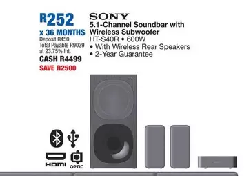 Sony - 5.1-Channel Soundbar with Wireless Subwoofer HT-S40R