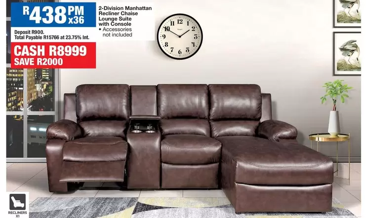 Total - 2-Division Manhattan Recliner Chaise Lounge Suite with Console