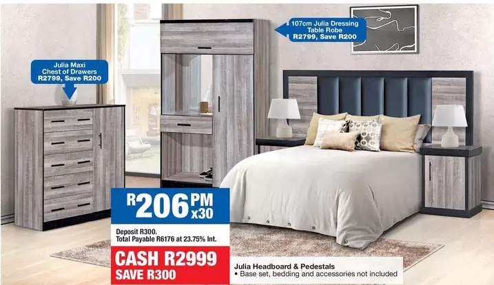 Total - Julia Dressing Table, Julia Headboard & Pedestals, Julia 5 Drawer Chest