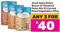 Great Value - Butter Beans OR Tomato & Onion Mix OR Curried Mixed Vegetables