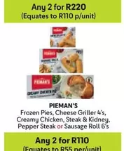 Frozen -  Pies, Cheese Griller 4's, Creamy Chicken, Steak & Kidney, Pepper Steak or Sausage Roll 6's