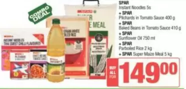 Spar - Instant Noodles, Pilchards in Tomato Sauce, Baked Beans in Tomato Sauce, Sunflower Oil, Parboiled Rice, Super Maize Meal