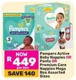 Pampers - Active Baby Nappies OR Pants OR Premium Care Nappies Mega Box