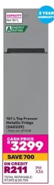 Total - 157 L Top Freezer Metallic Fridge (DAD239)