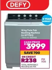 Defy - Twin Tub Washing Machine (LI DTT151)